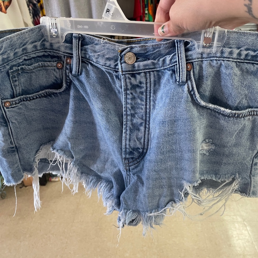 Free People Light Blue Distressed Denim Cutoff Shorts